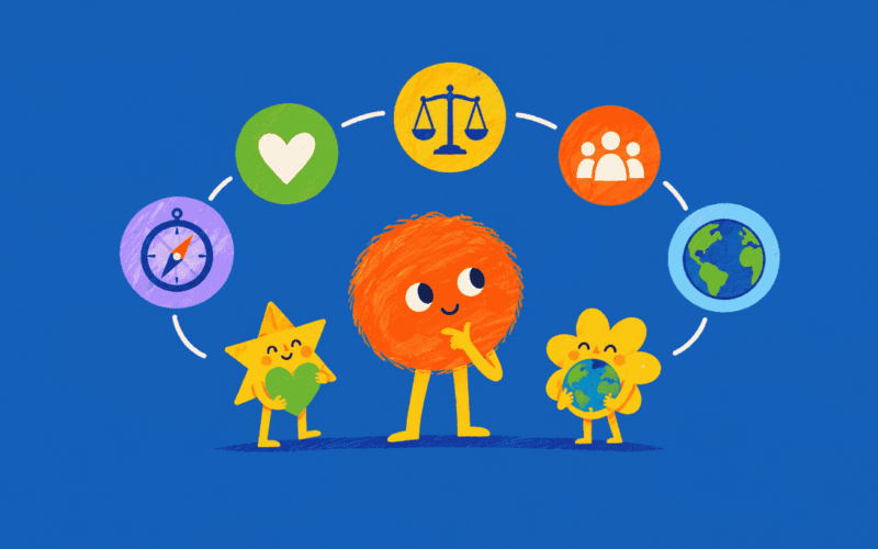 Playful illustration representing human intuition, values, ethics and responsibility in digital marketing, with colourful characters and symbols on a deep blue background.